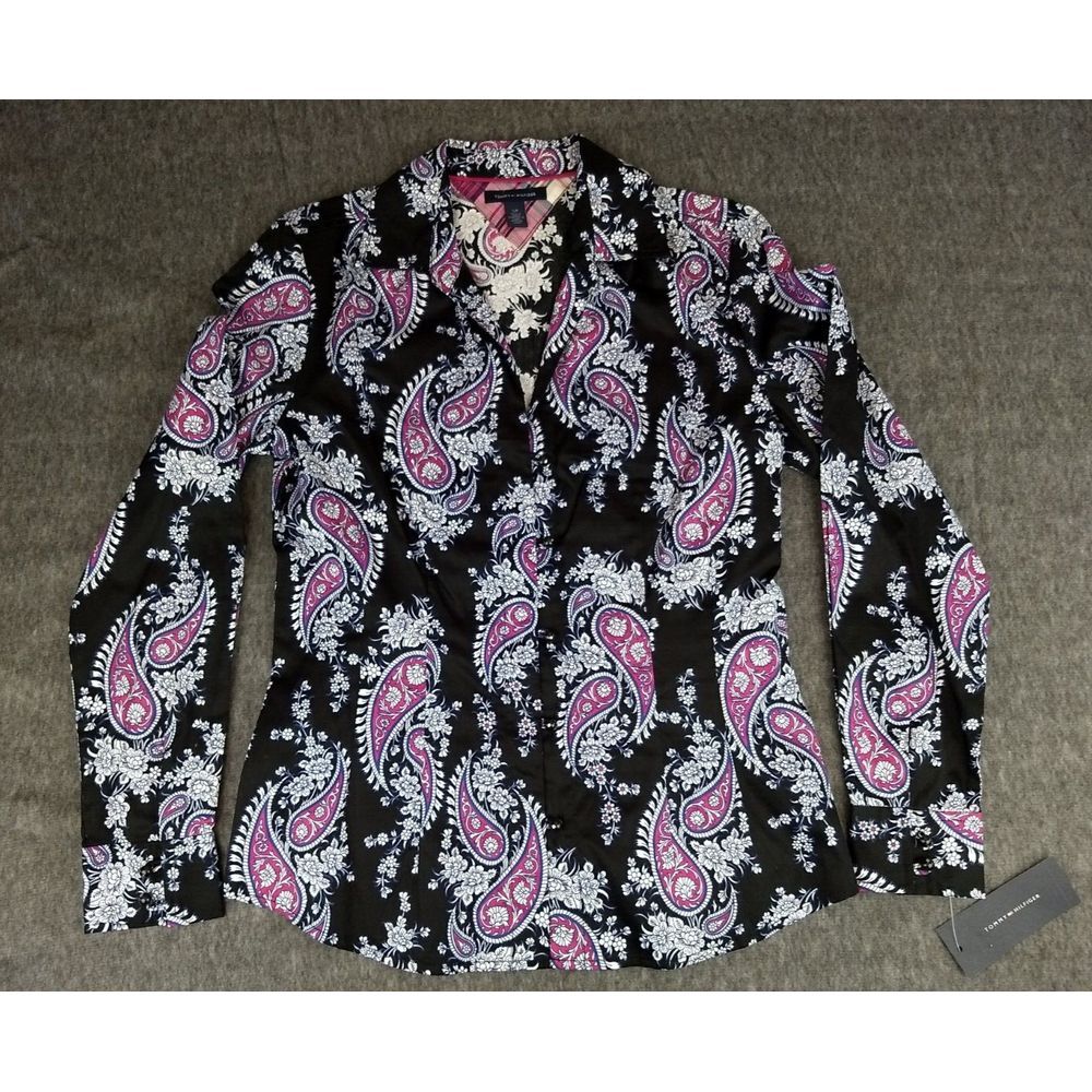 Tommy Hilfiger Button‎ Up Shirt 100% Cotton Black & Pink Paisley Womens S/P NWT